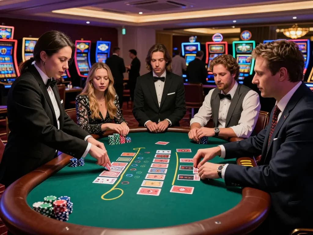 Experience the thrill of 77WIN blackjack gameplay in a vibrant casino setting with excited players
