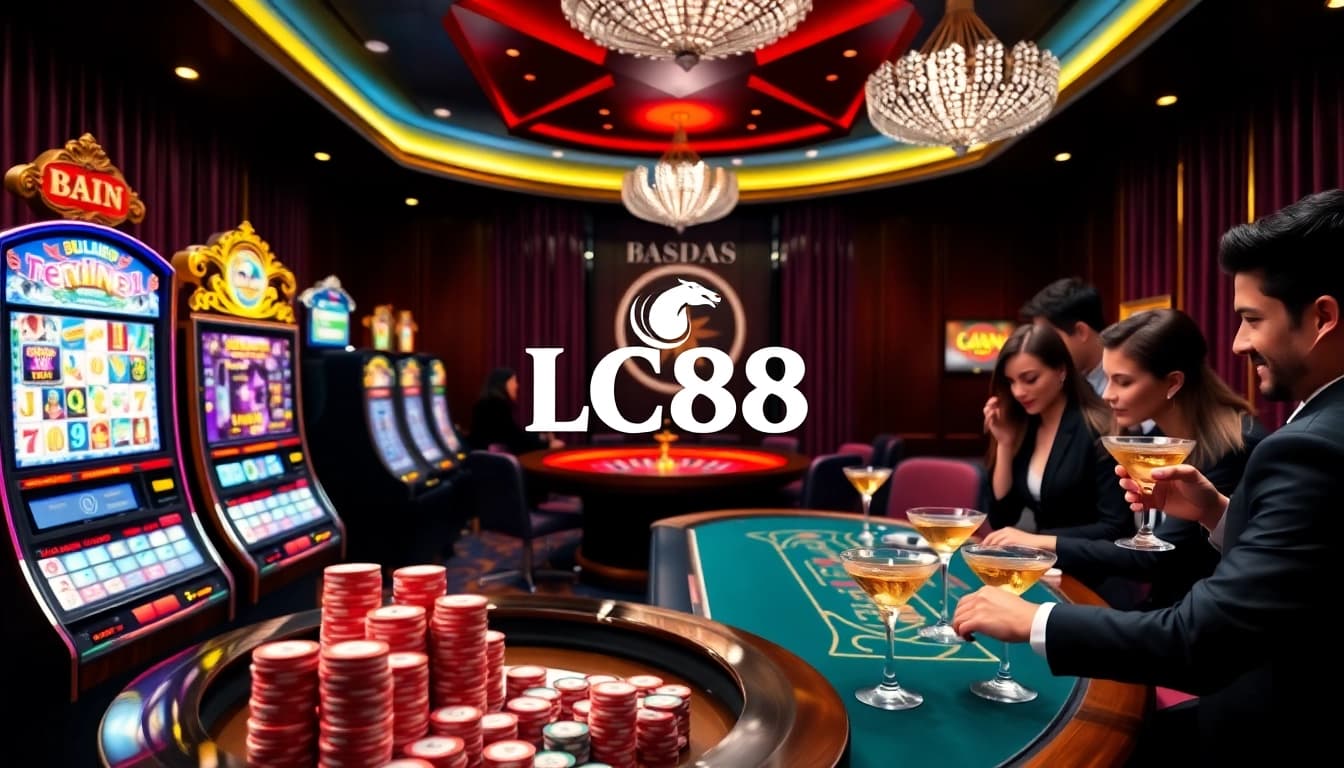 Players enjoying casino games at LC88 with vibrant slot machines and roulette wheel.