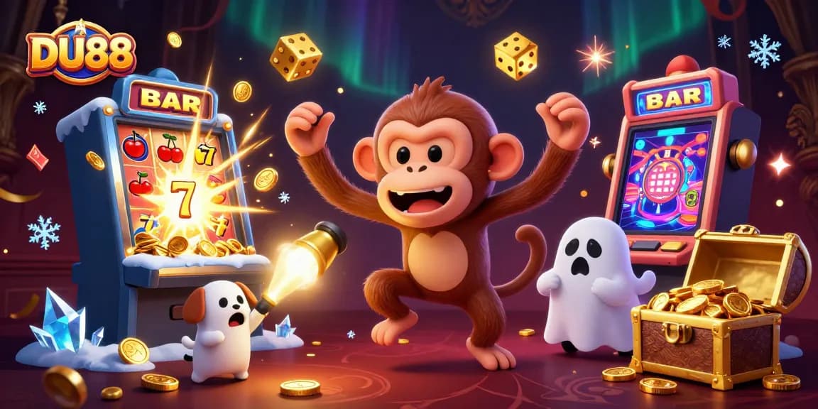 Engage with DU88's vibrant casino scene showing a playful monkey and curious puppy amidst thrilling rewards.