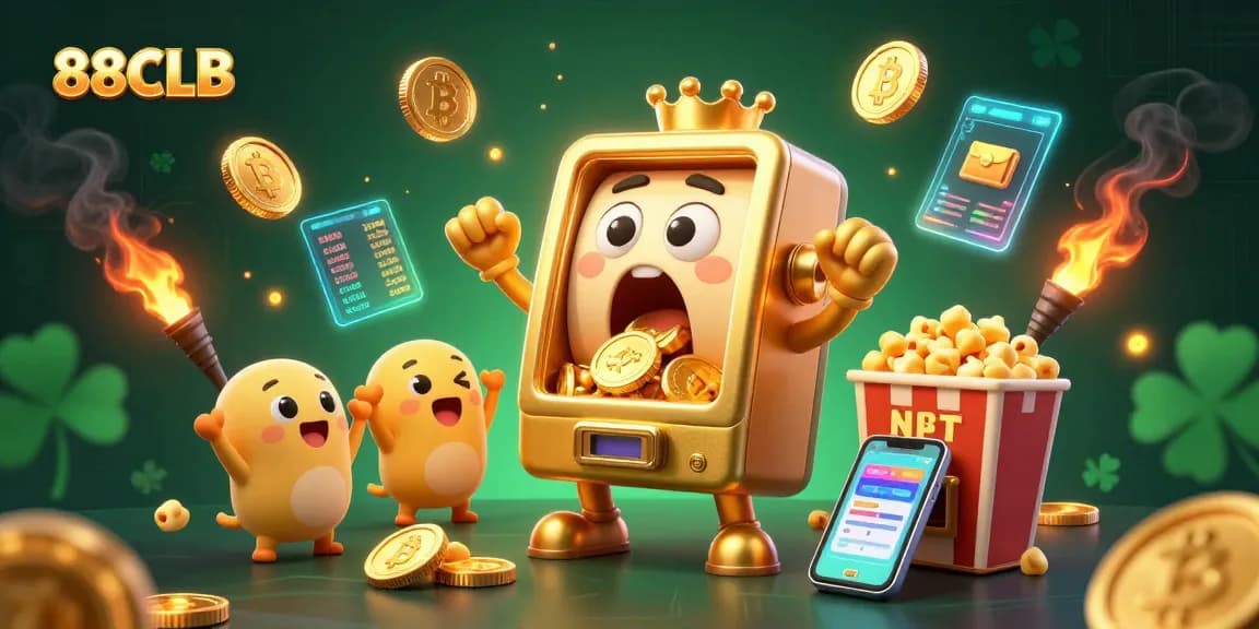 Celebrate big wins with 88CLB's golden slot machine hitting jackpots amidst crypto coins.