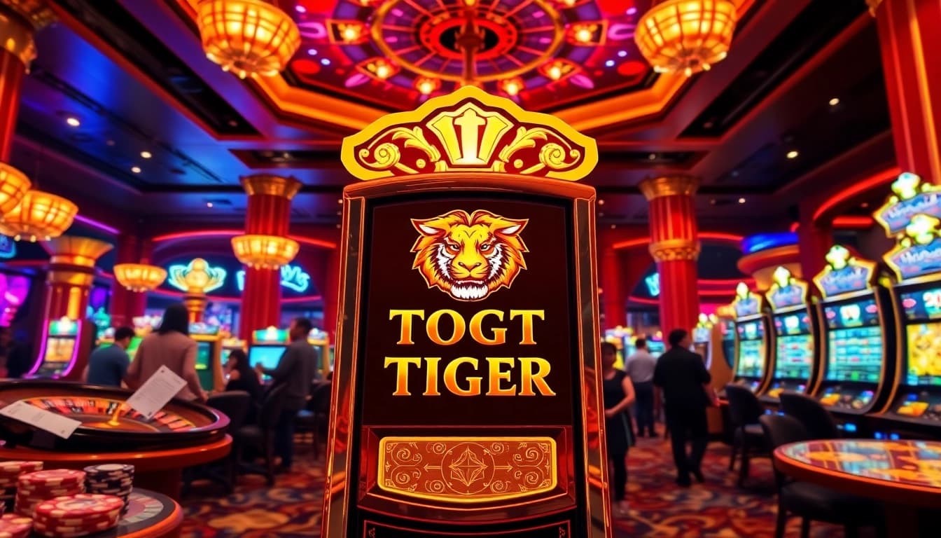 Play PG Soft Fortune Tiger slot machine in a vibrant casino setting filled with excitement and luxury.