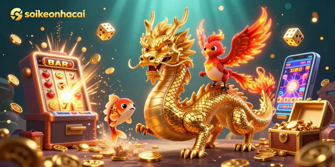 Experience the thrill of soikeonhacai with a captivating scene featuring a golden dragon, phoenix, and koi fish surrounded by casino elements.