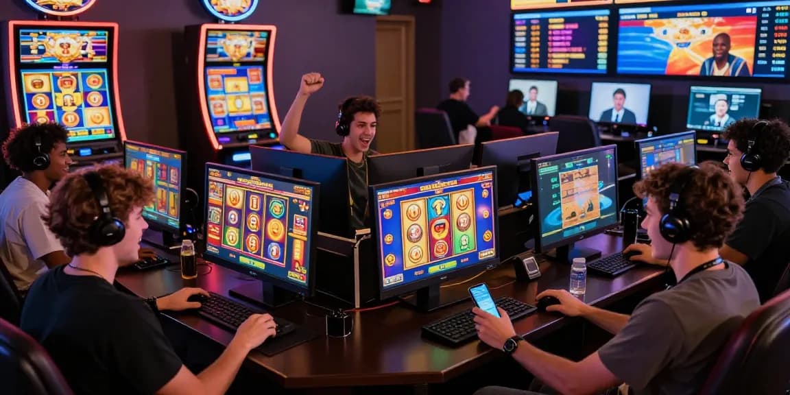 Excited players enjoying loket88 slot games on various devices in a vibrant online casino environment.