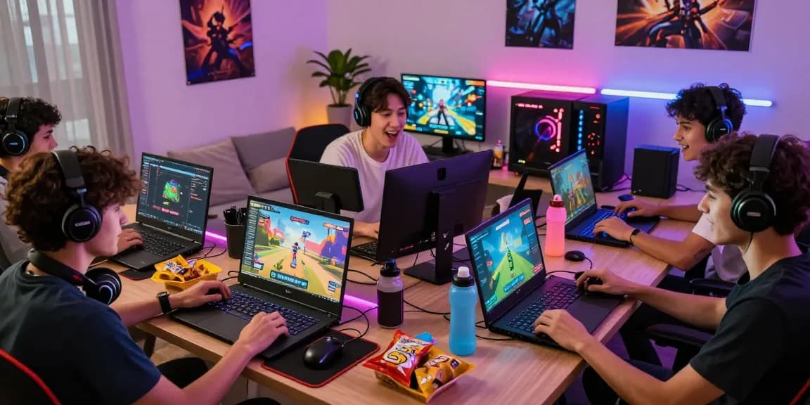 Players enjoying CIKA4D online games in a vibrant gaming setup with laptops and snacks.