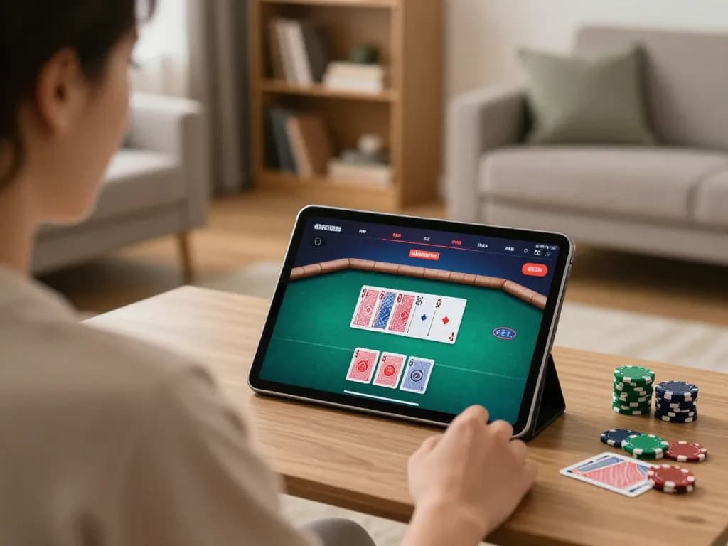 THABET player's hand holding chips while engaging in an online poker game on a tablet in a cozy setting.