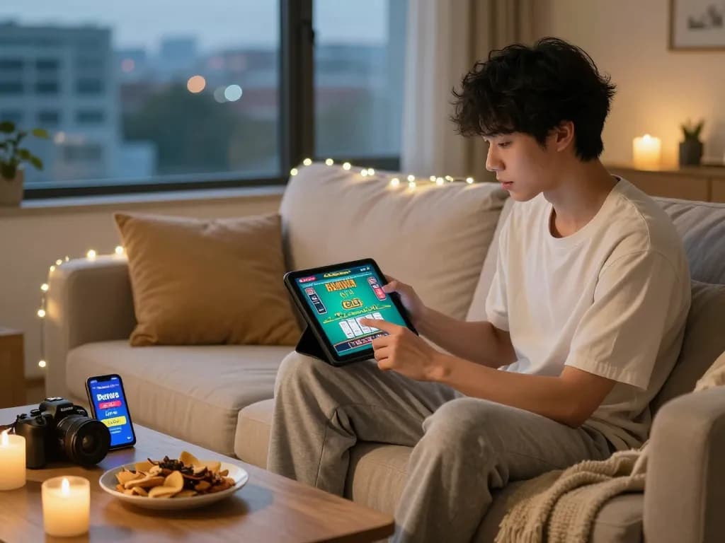Engaging scene of free credit baccarat gameplay on a tablet in a cozy setting with snacks.