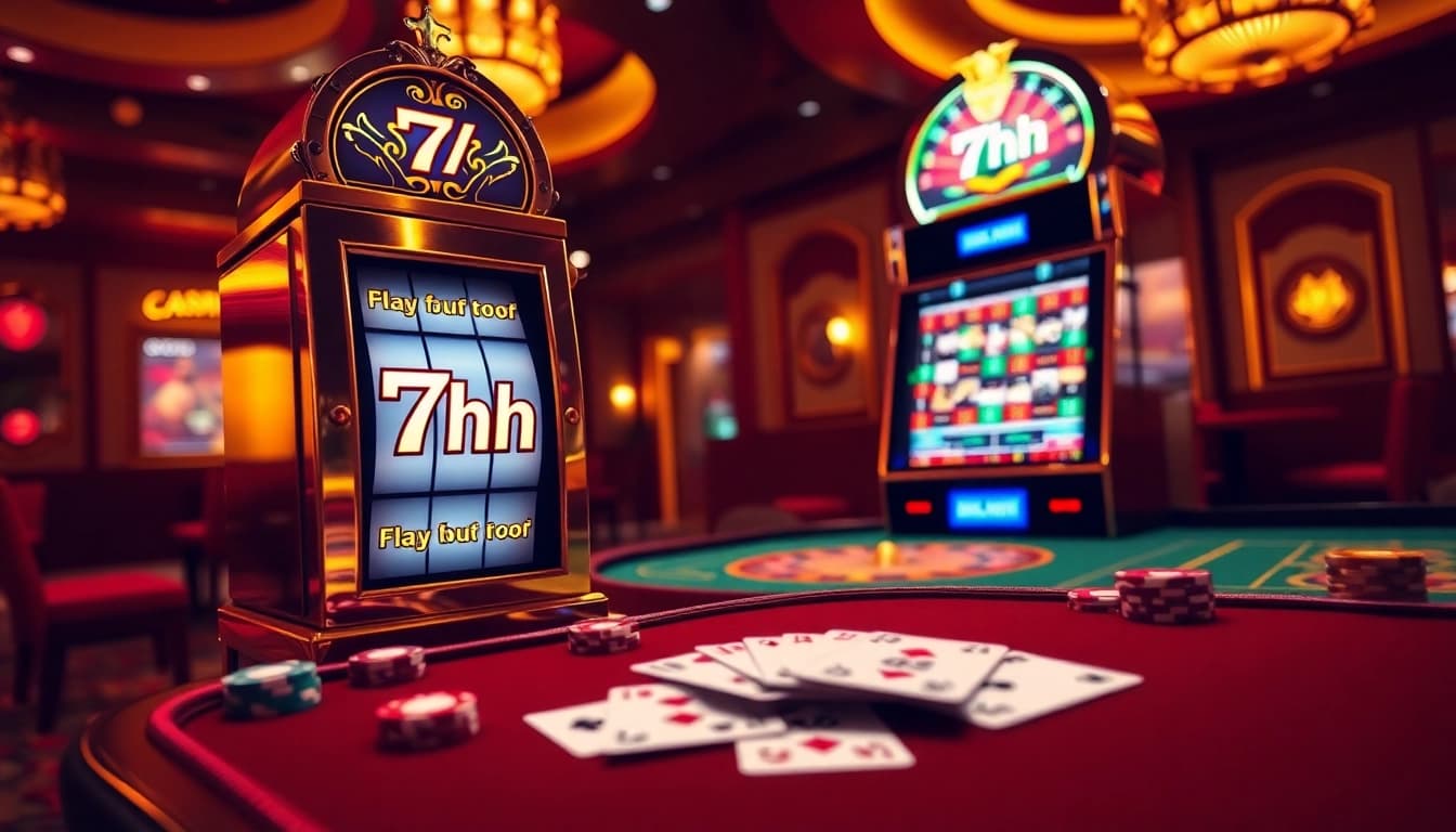 Win big at the 7hh slot machine in a vibrant casino atmosphere with roulette and cards.