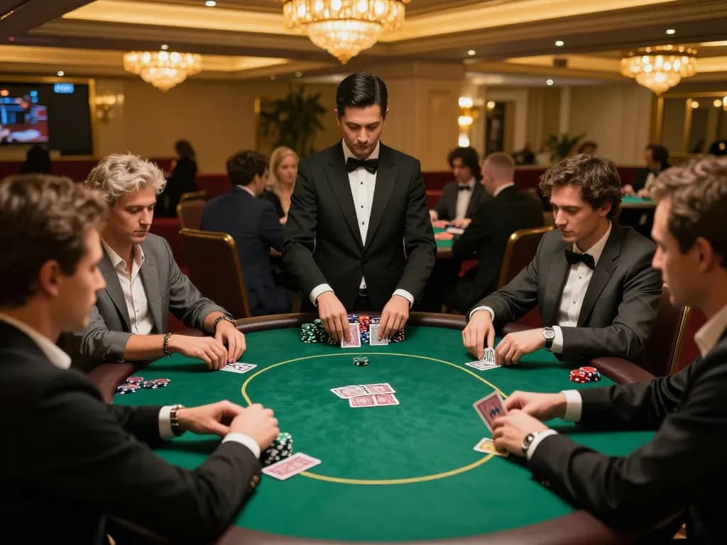 Engaged players displaying strategy during a thrilling poker game at hytw3339 casino, with vibrant decor and cards mid-action.