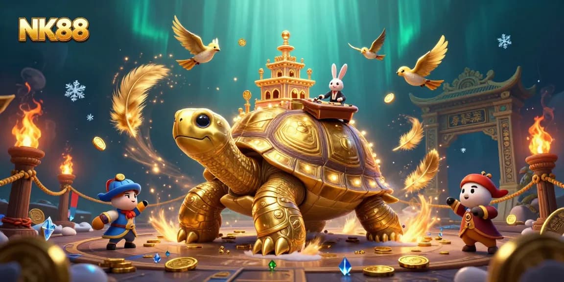 Engage with NK88 for thrilling casino experiences featuring a golden tortoise and rabbit dealer.