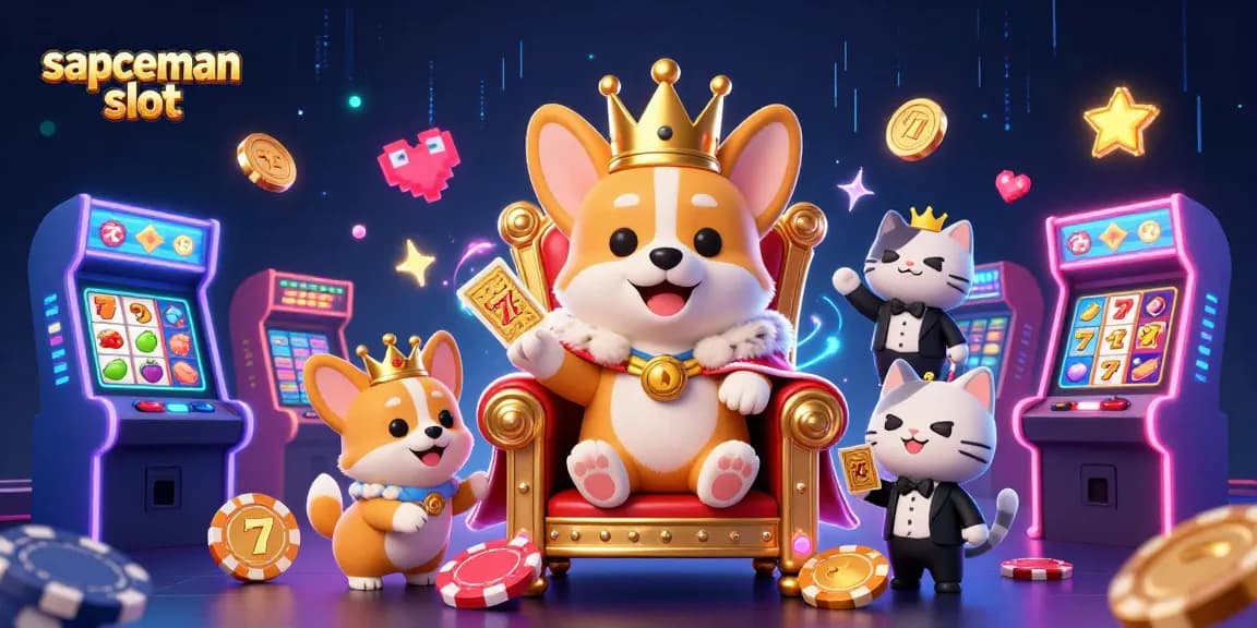 Sapceman slot showcases a 3D royal corgi on poker chips, vibrant arcade features, and casino elements.