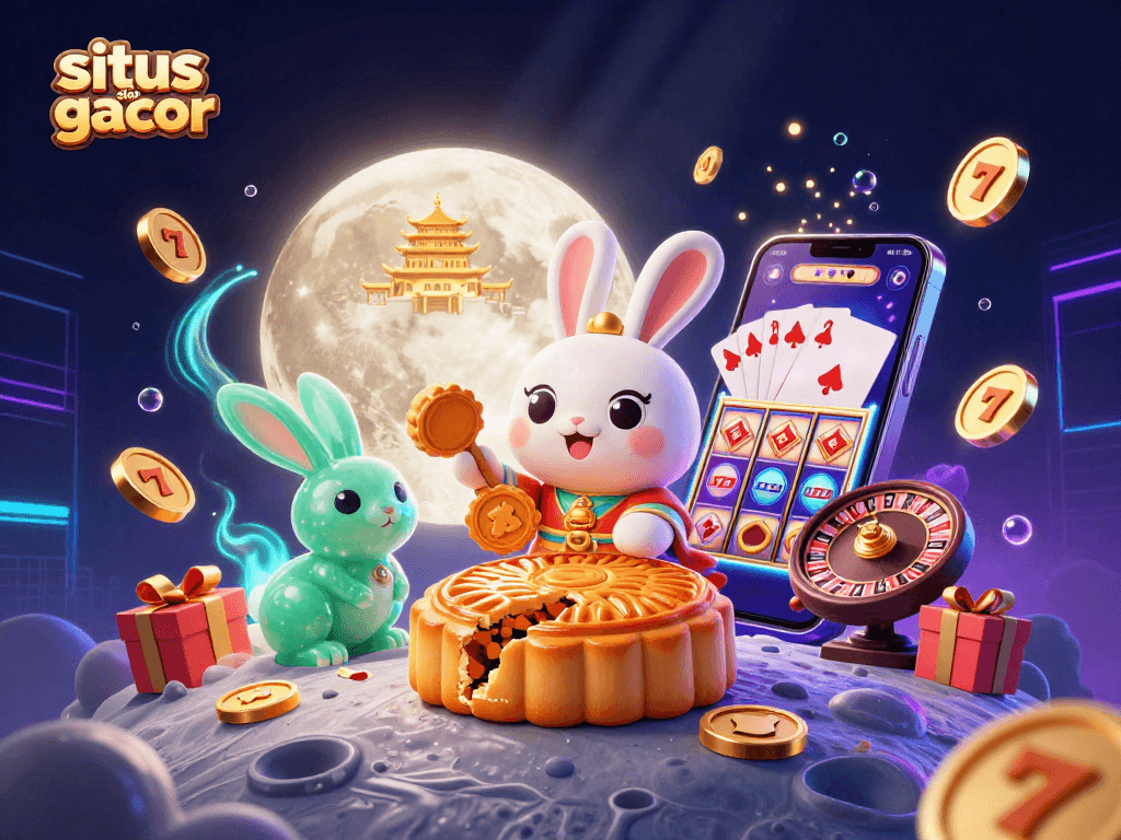 Engage with situs slot gacor as a moon rabbit creates mooncakes revealing hidden poker chips amidst vibrant casino elements.
