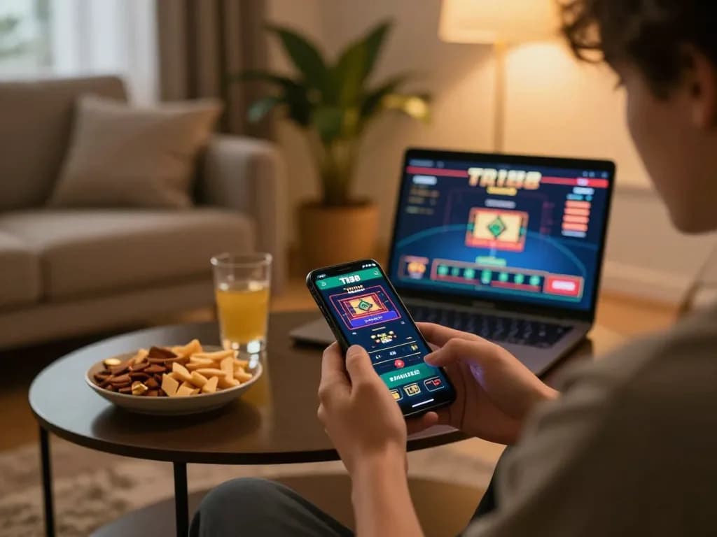 Engaged player exploring the TR88 mobile app for casino gaming on smartphone amid a cozy home setting.