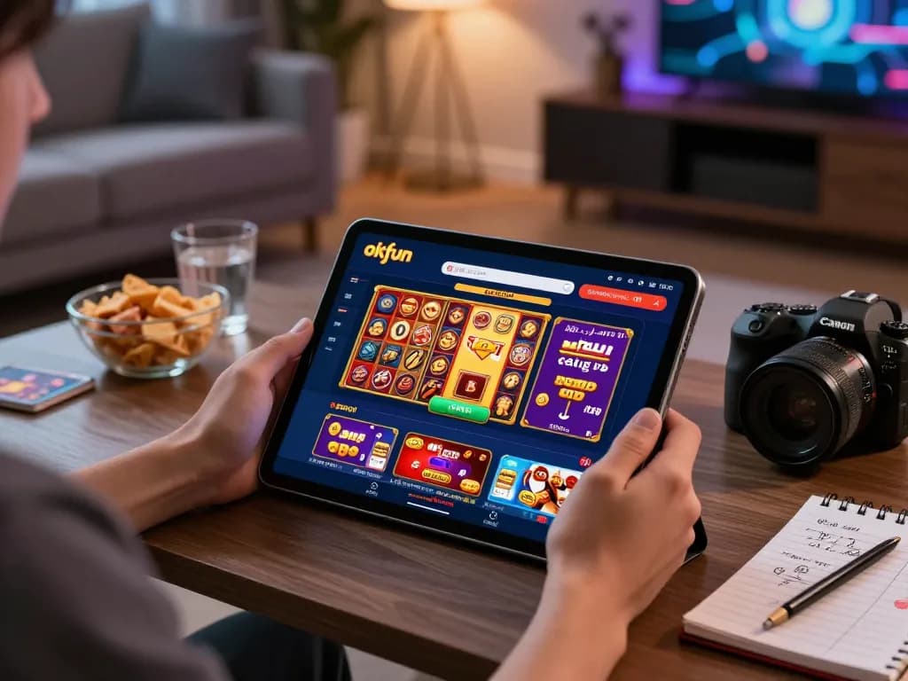 Engaged player using okfun app on tablet within cozy home gaming setup, showcasing vibrant casino interface.