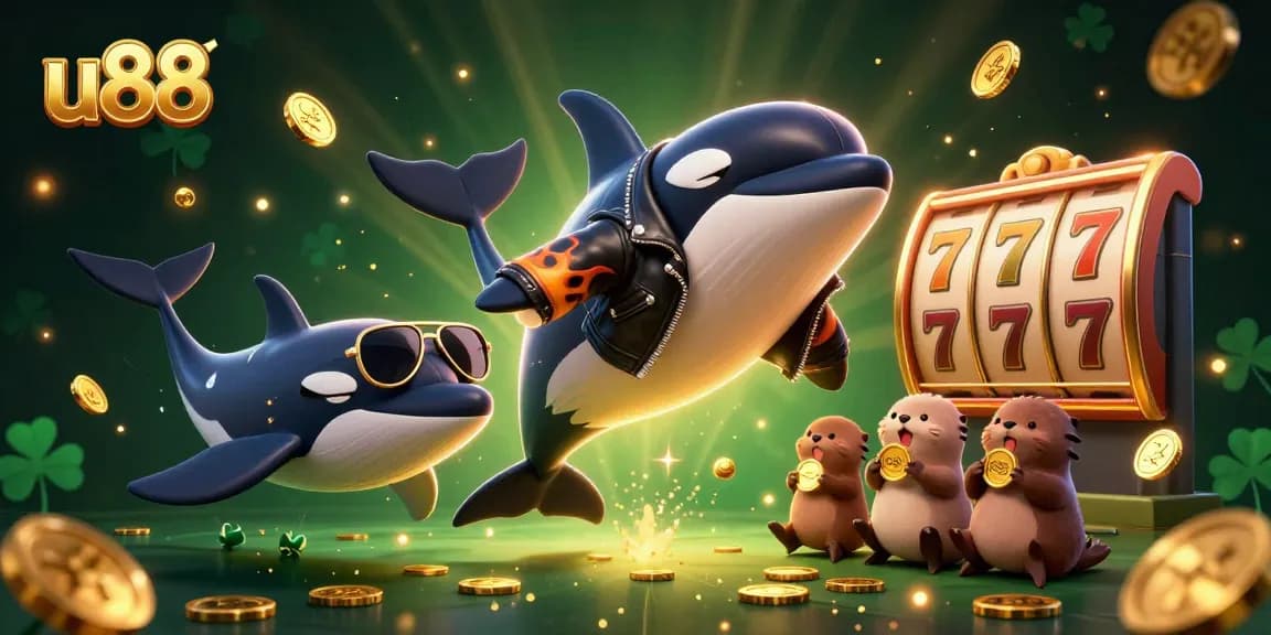 u88 showcases a lively 3D scene with cartoon characters celebrating casino wins amidst vibrant gaming elements.