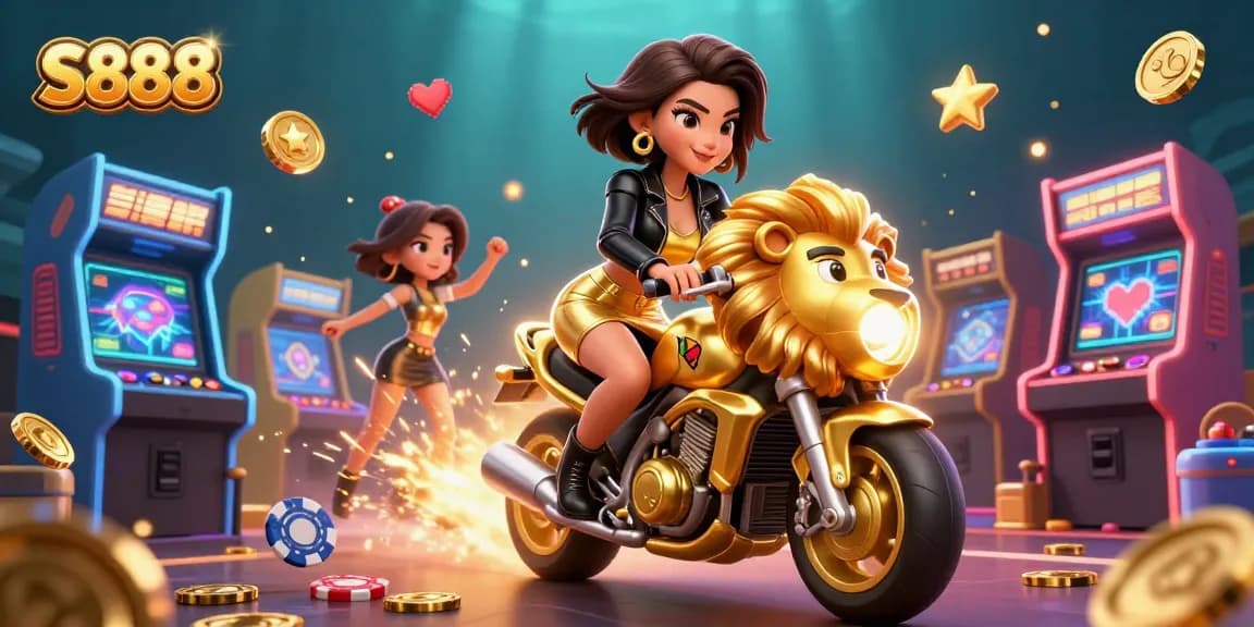 S888 offers an exciting gaming atmosphere with a glamorous Asian woman riding a golden lion mascot amid flying poker chips.