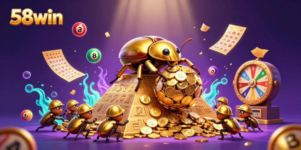 Experience the excitement of 58win with vibrant casino graphics and game elements in a dynamic scene.