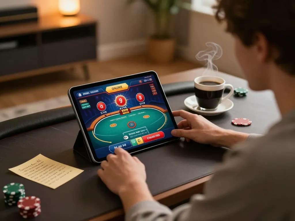 zx88 player enjoying an online poker game on tablet, strategic notes nearby for better gameplay