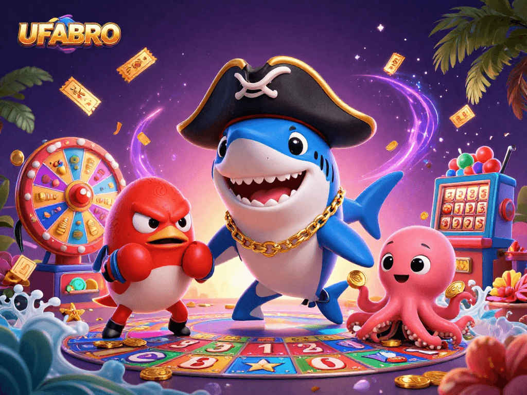 Spin to win with UFABRO's dynamic gambling casino illustration featuring exciting characters and vibrant game elements.