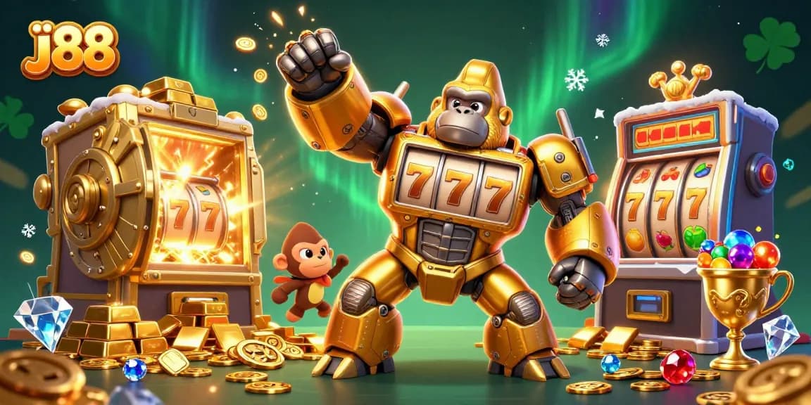 Spin the reels with j88's vibrant golden gorilla mech and explosive treasures in this dynamic casino scene.
