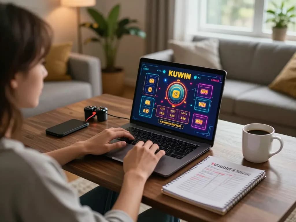 Engaging in online gambling at KUWIN with a vibrant interface on a laptop.