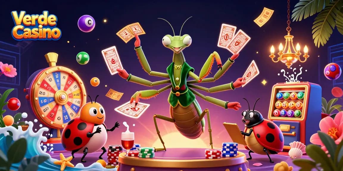 Verde Casino játékaiból származó nyeremények felfedésével egy 3D karikatúra karakter élénk jelenetben.