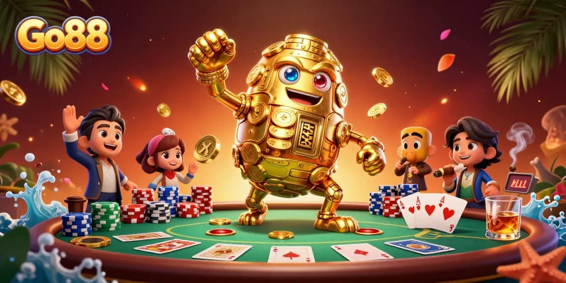 Experience the thrilling gameplay of Go88 with a cartoon golem featuring slot symbols and vibrant poker elements.