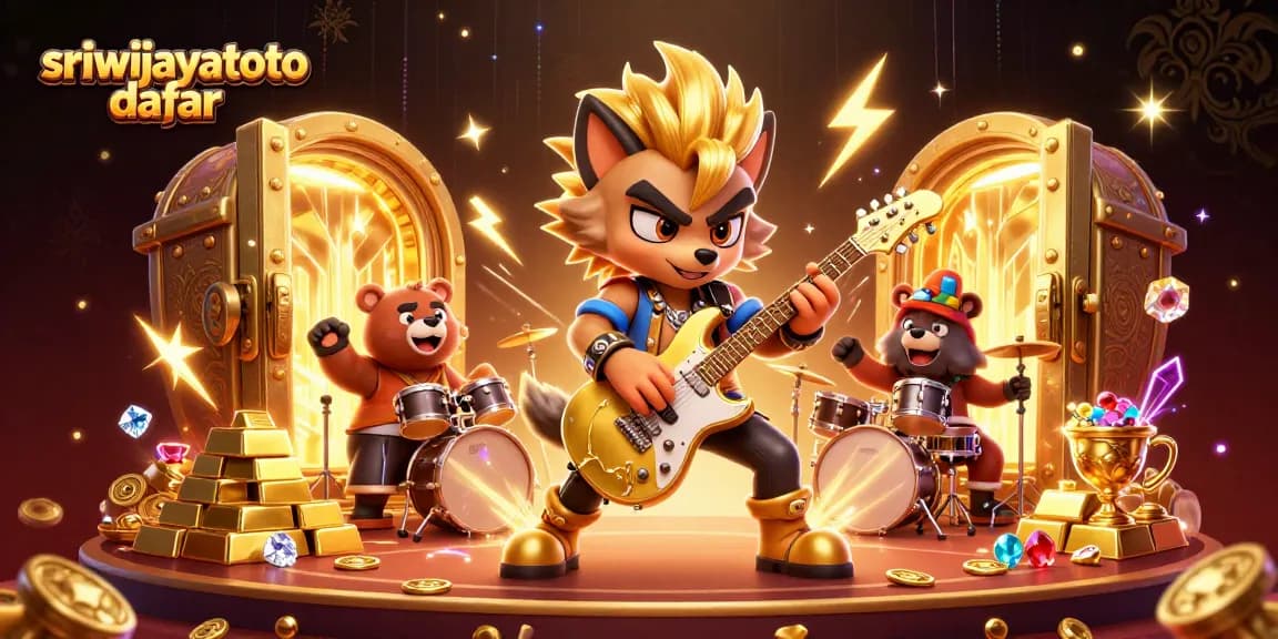 Sriwijayatoto daftar showcases a vibrant casino scene with a rock star wolf, drummer bear, and golden treasures