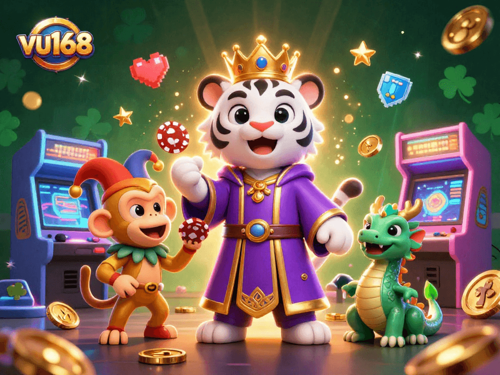 Bet on the vibrant scene of vu168 with characters in a captivating casino-themed illustration.