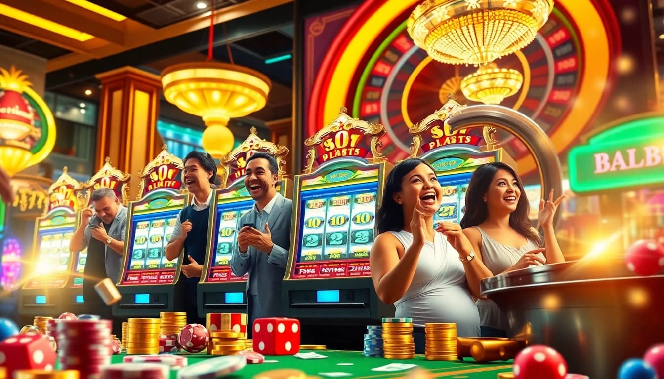 Experience excitement at a 'slot terpercaya' gaming scene with vibrant slot machines and enthusiastic players.