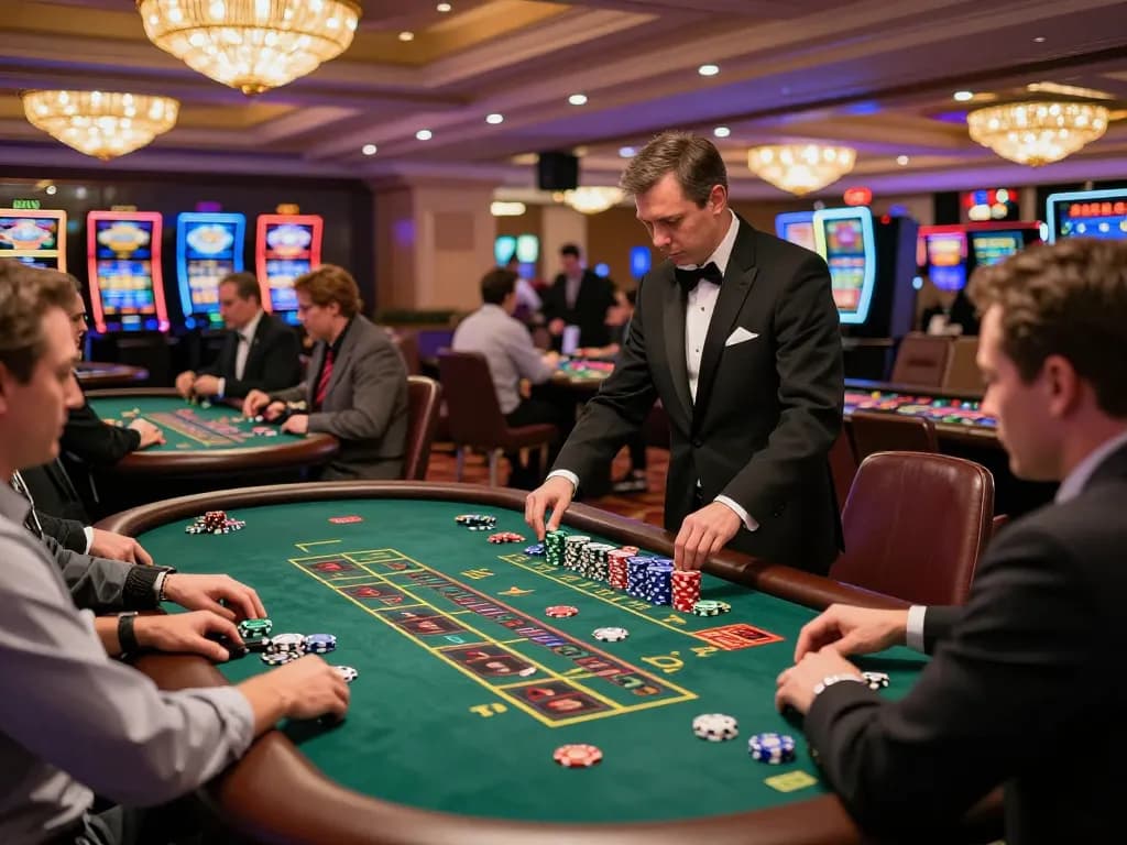 Engaged players strategizing their bets at ok365's luxurious casino tables.