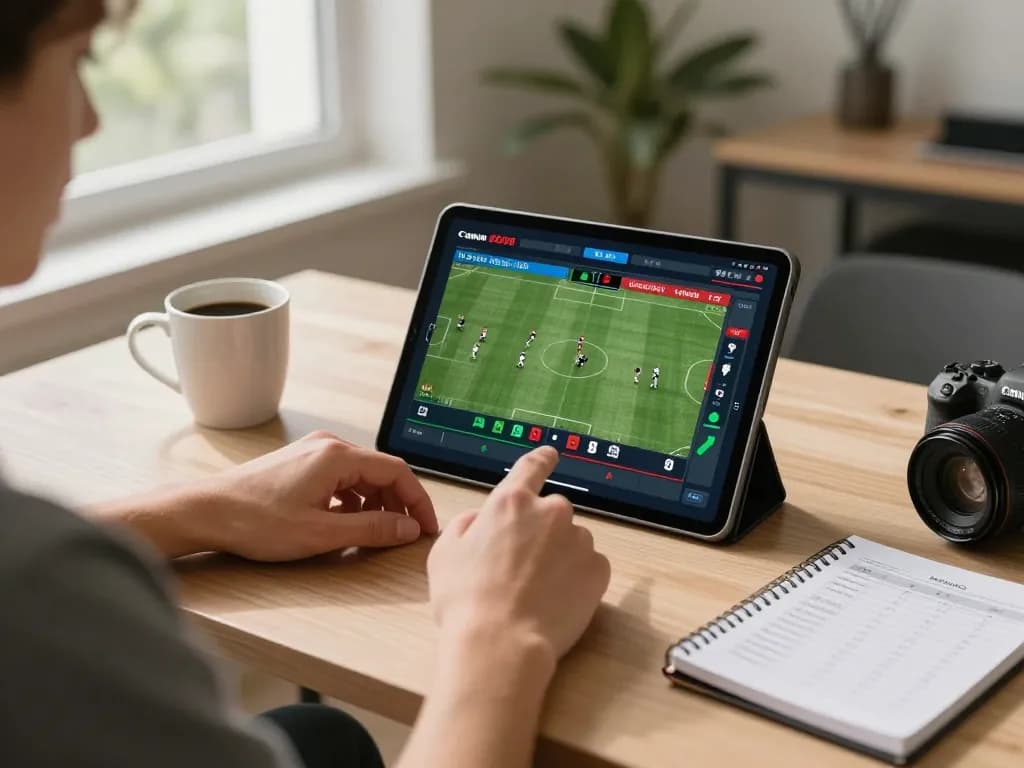 Person engaging in Thể Thao MM99 sports betting through a tablet in a cozy home office setting.