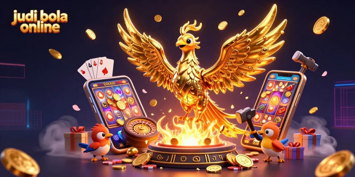 Engage in judi bola online with a golden phoenix emerging from gaming elements, showcasing winning potential.