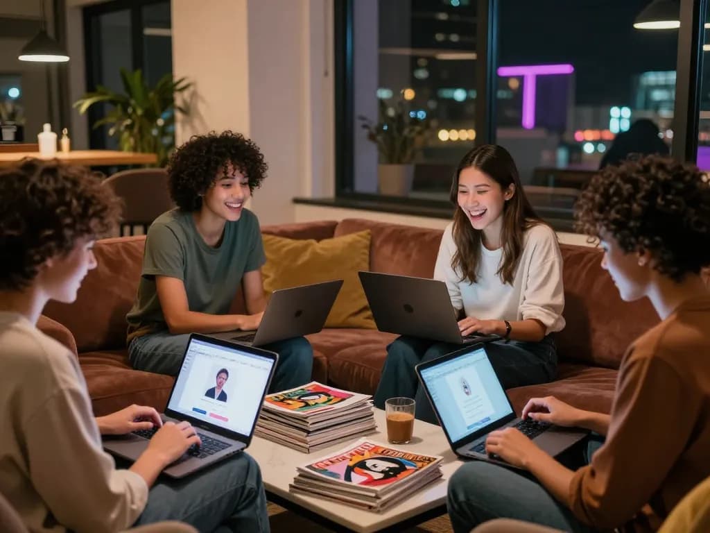 Engaging NSFW AI chat experience among friends in a cozy lounge setting