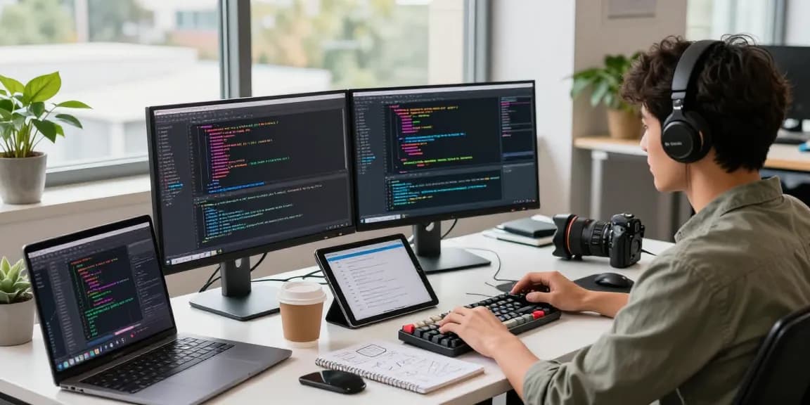 Developer engaging with crushonai software in a modern workspace with high-tech gadgets.
