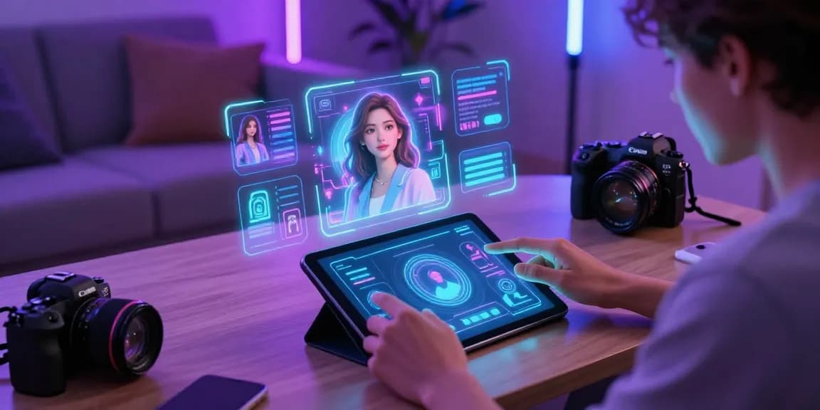 Engaging with NSFW AI technology on a tablet in a modern setting, featuring holographic character projections.