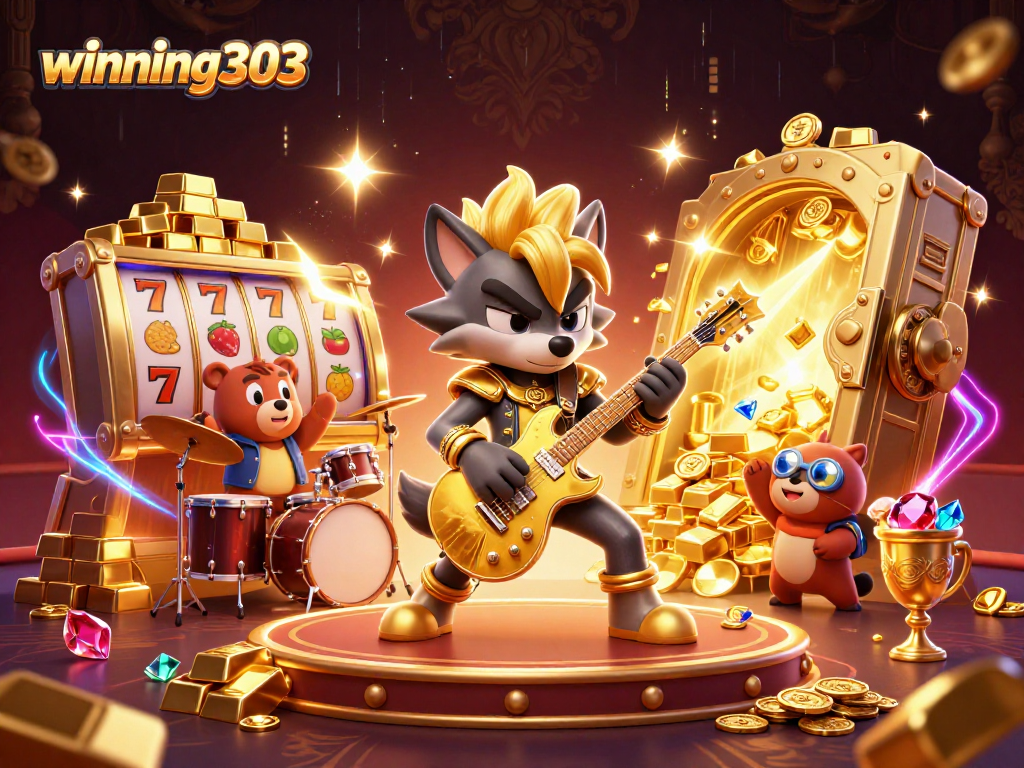 Winning303 captivates players with a vibrant 3D casino scene featuring a rock star wolf and treasure.