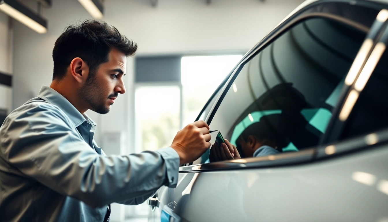 Apply auto window tint near me with expert precision in a bright garage setting.