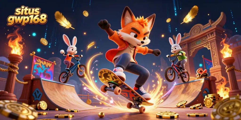 Gambarkan suasana permainan situs gwp168 dengan fox skateboarder dan kelinci BMX di kasino hidup.