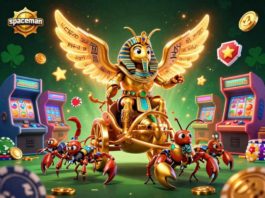 Engage with the spaceman in a vibrant casino scene featuring golden scarabs and dynamic slot elements.