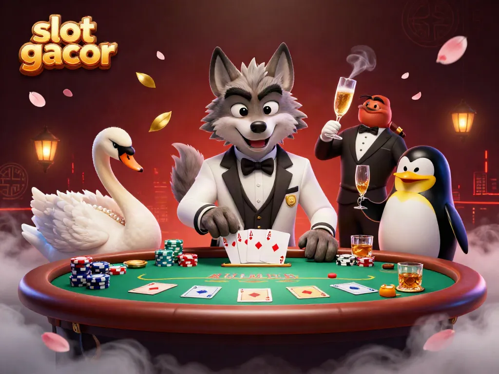 Experience slot gacor thrills with a charismatic wolf, elegant swan dealer, and penguin sommelier amid a vibrant casino scene.