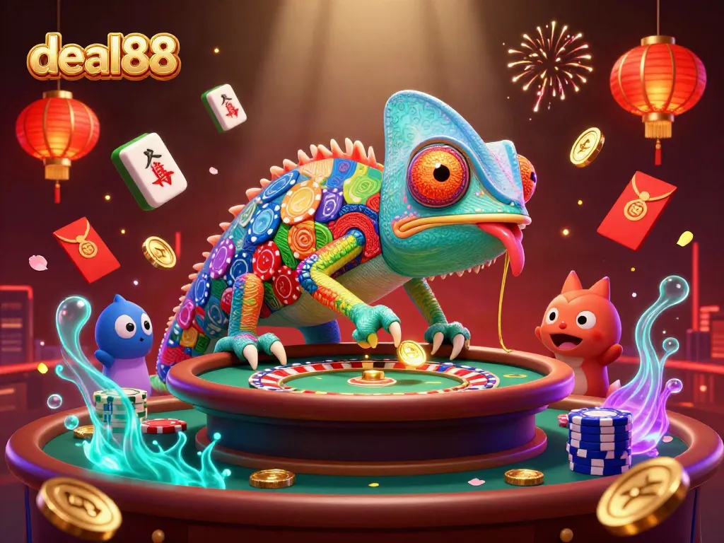 Engage with deal88 in this vibrant casino illustration filled with festive decorations and golden coins.