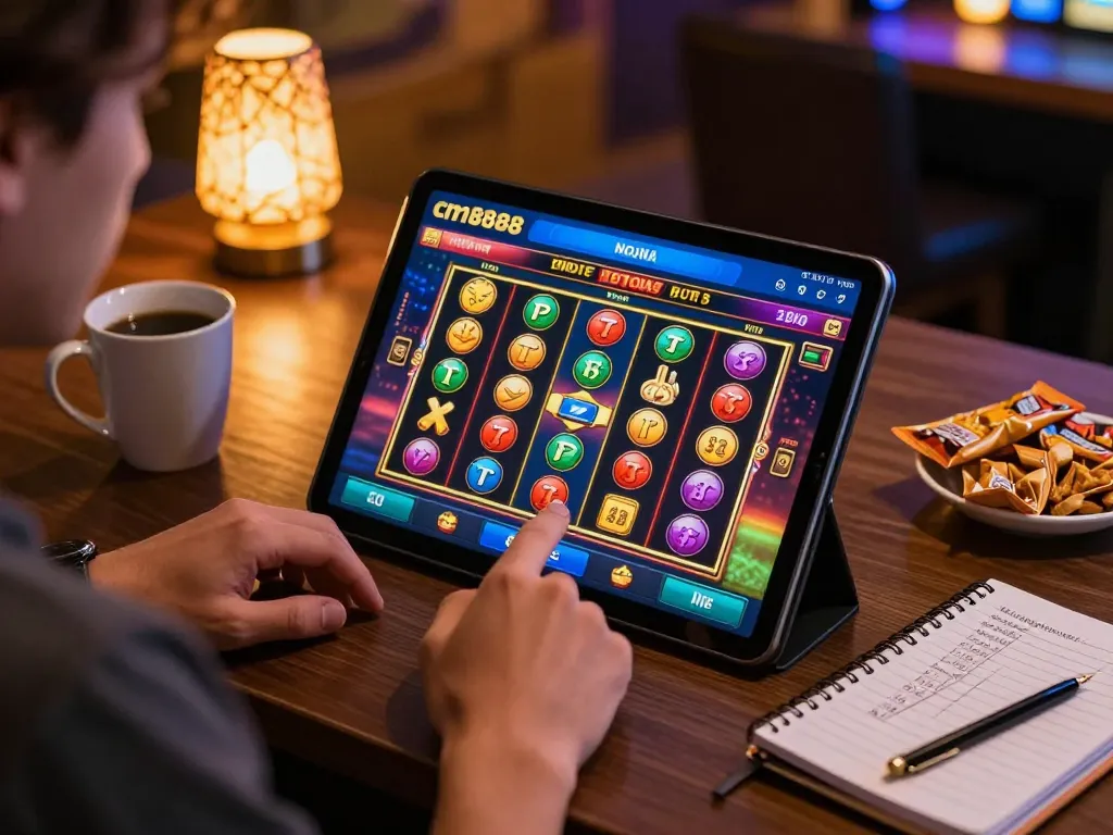 Player enjoying cm8888 slot game on tablet in cozy home setup.
