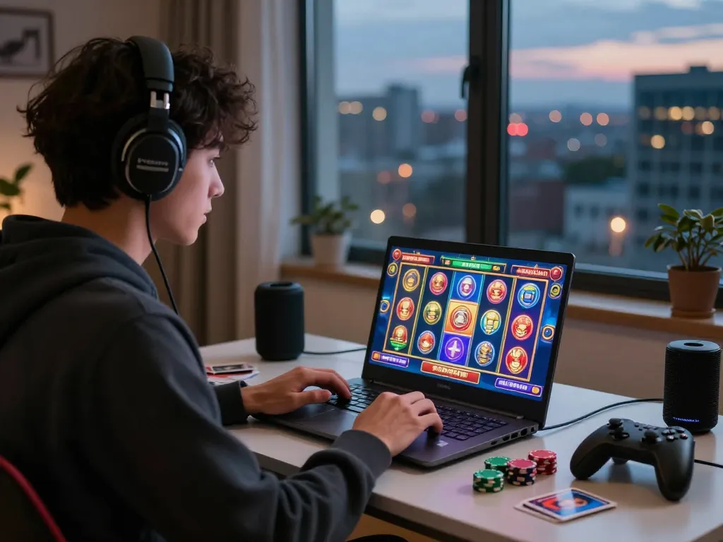 Momen permainan online yang menarik menampilkan permainan situs slot dengan grafis berwarna dan aksesori permainan dalam suasana yang nyaman.