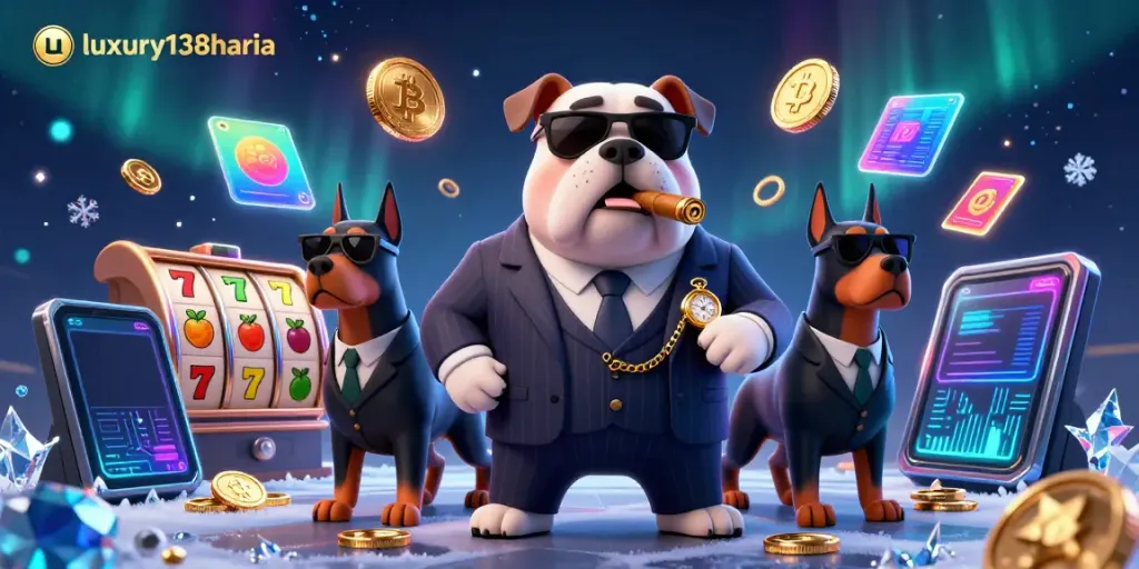 Engage with luxury138harian casino action featuring a bulldog mafia boss and crypto-themed game elements.