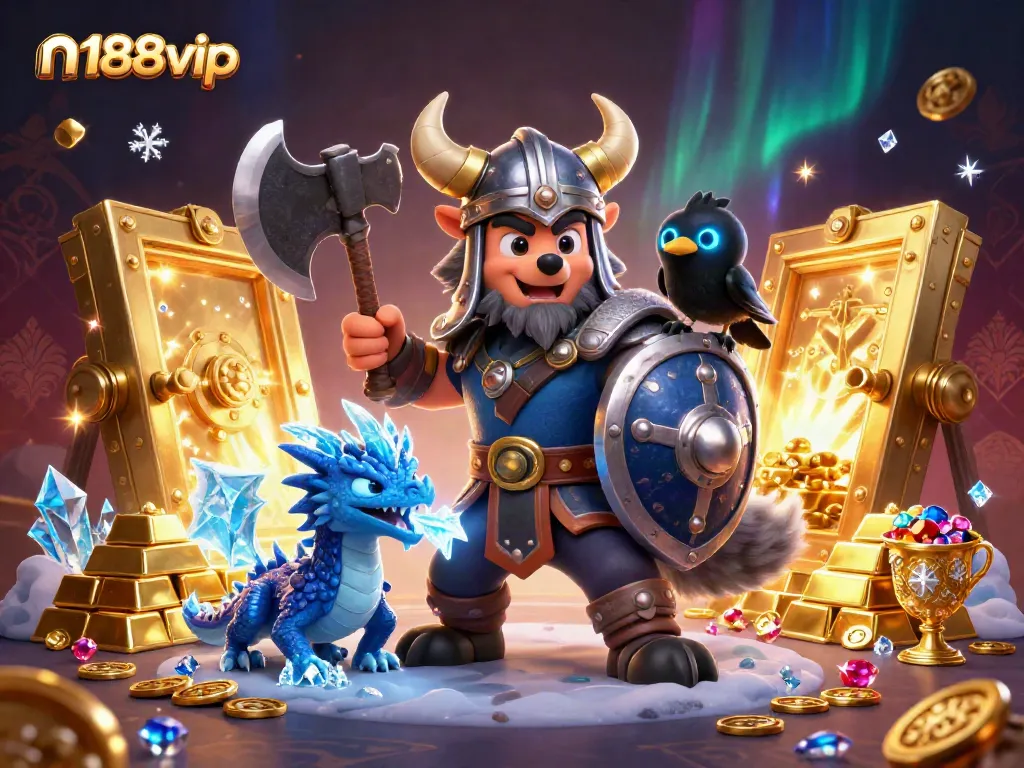 Join the thrilling action at n188vip with a cartoon Viking and dragon amidst piles of treasures!