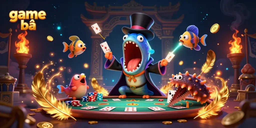Experience vibrant game bài magic with deep-sea characters in a casino scene.
