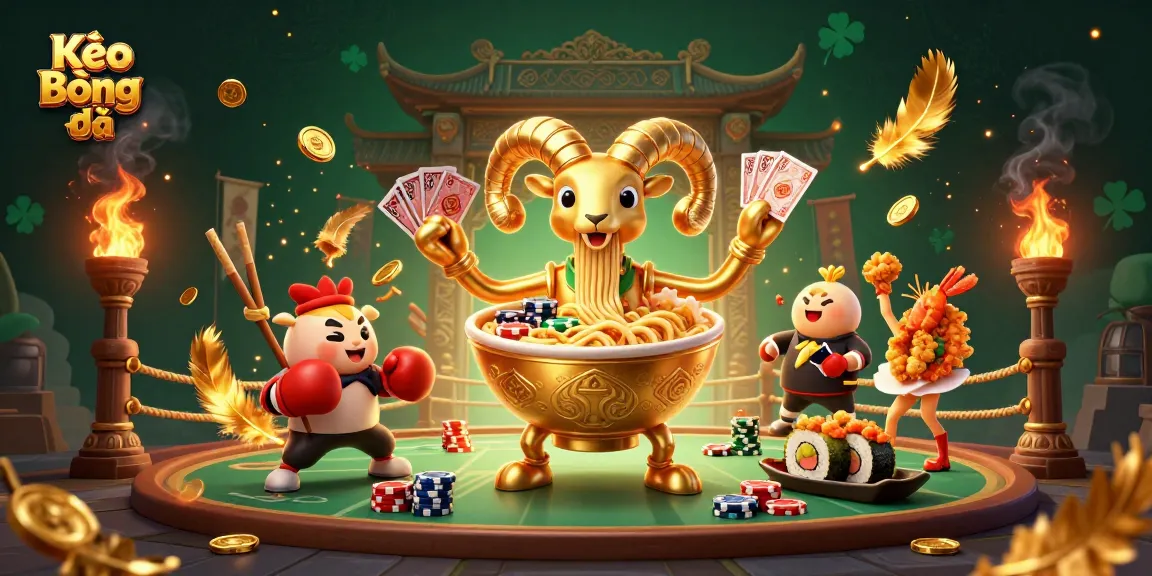 Kèo Bóng Đá features a dynamic 3D scene with a ramen bowl character dealing cards and stacking chips in a vibrant betting arena.