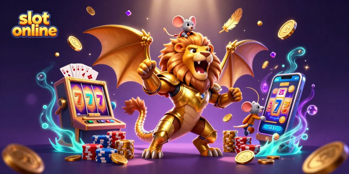 Experience thrilling slot online action with a chimera and mouse jockey amidst golden coins and vibrant game reels.