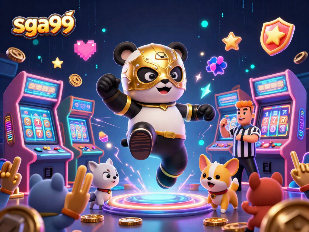 Engage with SGA99's thrilling casino scene featuring a panda wrestler and lively gameplay.