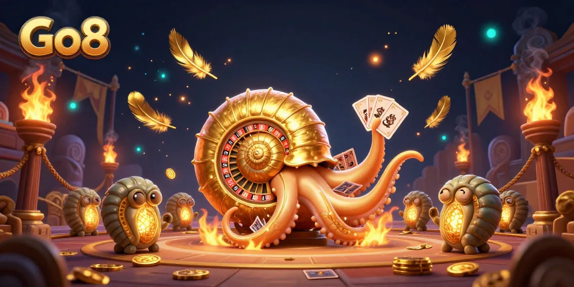 Engage in thrilling gameplay at Go8 with a vibrant illustration of ancient nautilus and golden elements.